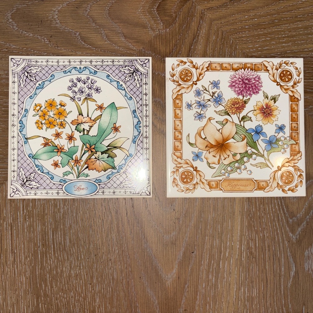Avon Expression Collectors Series Tile Set Pair Love & Happiness floral vintage